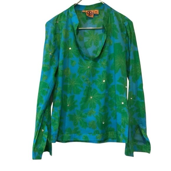 Tory Burch 100% cotton Green Blue Floral Women's Top size 8 - Picture 1 of 13